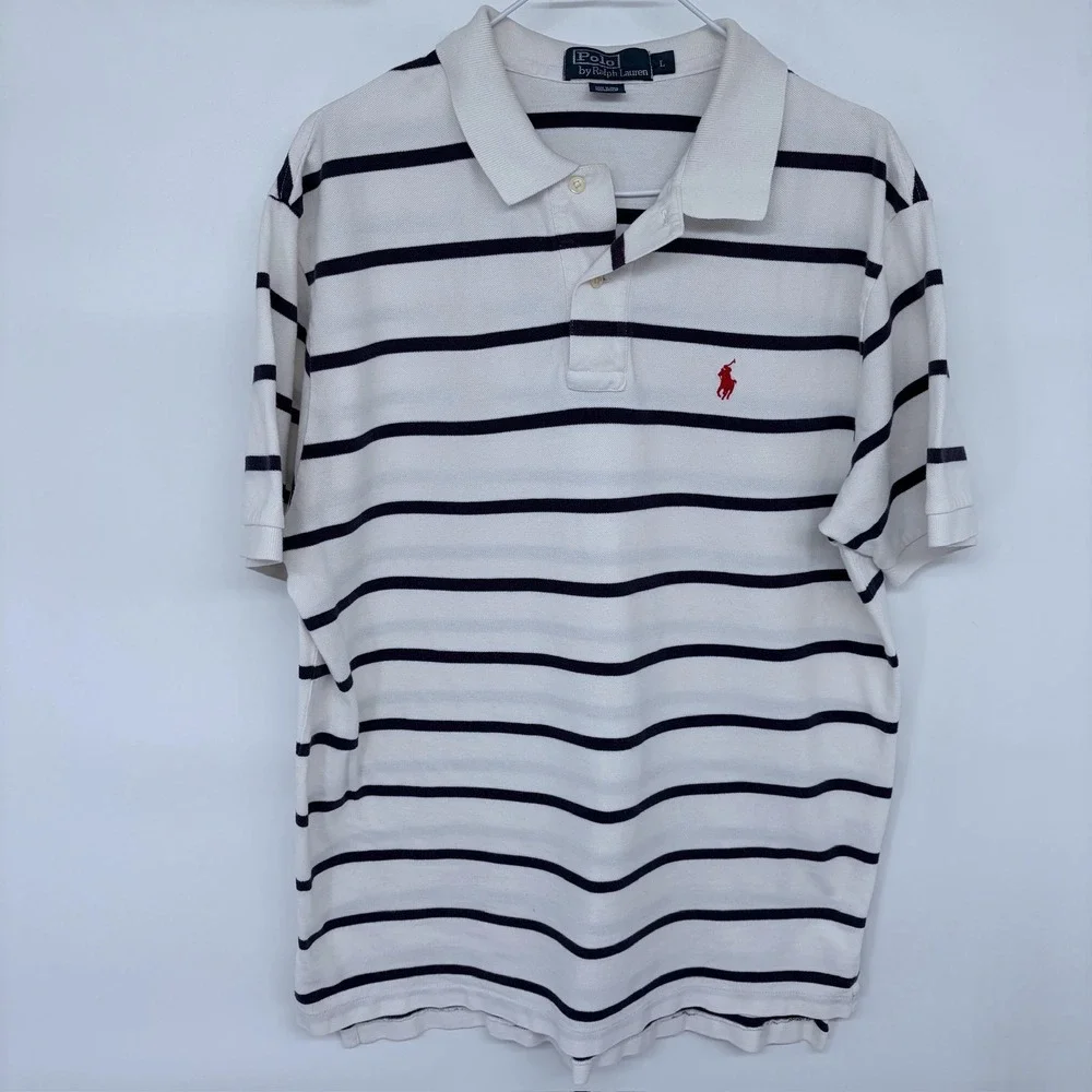 Vintage 90s Polo Ralph Lauren Striped Polo Shirt Large Men's White Navy Red Pony